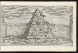 Cestius-pyramiden i Rom Bouwwerken uit de oudheid (serietitel) Resterne af det antikke Rom indsamlet og fotograferet i perspektiv af Stefano Du Perac Parisino (serietitel om objekt) af Etienne Duperac