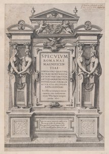 Mirror of Roman Magnificence: Titelside indgraveret i arkitektonisk og skulptur..., 1573-77. af Etienne Duperac