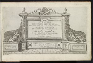 Titeltryk med et monument med titel, flankeret af Faam og Fader Tid Gamle bygninger (serietitel) I vestigi dell