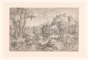 Landskab med fisker og slot på bjergtop af Etienne Dupérac (attributed to)