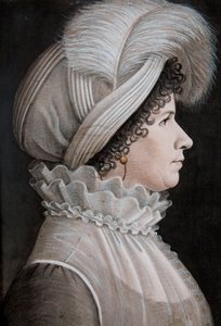 Portræt af en kvinde iført en hat dekoreret med en fjer (pastel på papir) af Etienne Esperance Bouchardy