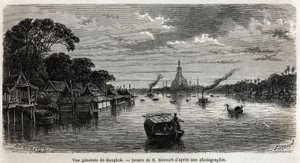 Generelt billede af Bangkok (Thailand), tegning af E.Bocour, for at illustrere Henri Mouhots rejse til kongerigerne Siam, Cambodja og Laos fra 1858 til 1861. Indgravering i "" Le tour du monde"", redigeret af Edouard Charton