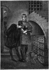 Kong Ludvig XI af Frankrig (1423-1483) på besøg hos fangen Jean de La Balue (Kardinal Balue) (1421-1491), indeslutter i et jernbur. Gravering af Bocour efter maleriet af Gerome