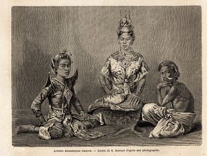 Siamesiske dramatiske kunstnere, tegnet af E.Bocour, for at illustrere Henri Mouhots rejse ind i kongerigerne Siam, Cambodja og Laos fra 1858 til 1861. Indgravering i "" Le tour du monde"", redigeret af Edouard Charton