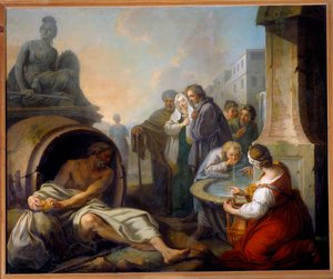Diogene bryder sit ekulære Diogene af Sinope kaldet Kynikeren (413-327 f.Kr.), græsk filosof, forlader sit ekulære efter at have set et barn drikke vand i hænderne ved springvandet. Maleri af Etienne Jeaurat (1699-1789) 1700-tallet søn. 1,62x1,95 m Paris,