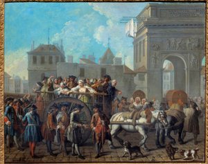 Glædepigernes adfærd i Salpetriere, passagen ved Saint Bernards porte. Det nuværende Salpetriere Hospital var oprindeligt et fængsel og et hospice for kvinder. Maleri af Etienne Jeaurat (1699-1789) 1757 Dim. 0,65 x 0,82 m Paris, Musee Car af Étienne Jeaurat