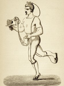 Runner forsynet med apparatet beregnet til at registrere hans forskellige skridt, fra Popular Science Monthly, pub.1875