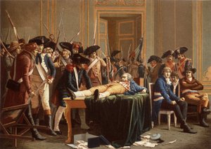 Morgenen den 10. Thermidor År II; Maximilien de Robespierre, med en brækket kæbe, spredt på et bord (chromolitho) af Etienne Lucien (after) Melingue