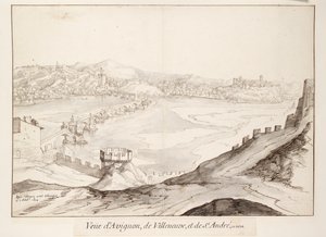 Udsigt over broen ved Avignon mod Villeneuve, begyndelsen af det 17. århundrede