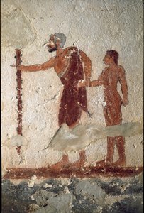 En gammel mand ledsaget af en ung mand (Fresco, detalje, 530 f.Kr.) af Etruscan