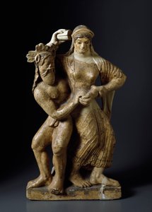 Etruskisk oldtid: ""Satyre og dansende menade"" Terracottaskulptur fra et tempel af Mater matuta i Satricum. 480 f.Kr. Svag. 59 cm Rom, Nationalmuseet for Villa Giulia af Etruscan