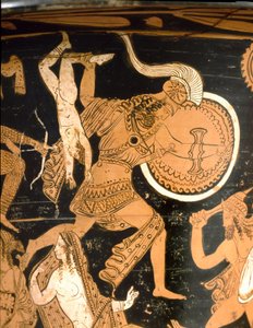 Antik etrusk: klokkekrater, der repræsenterer ødelæggelsen af Troja: detalje, der viser Neoptoleme, der kaster Astyanax, Hectors søn, over væggene. Fra Falerii Veteres (Civita Castellana). 350-300 f.Kr. Rom, Museo Nazionale di Villa Giulia af Etruscan