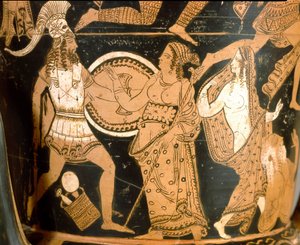 Antik etrusk: krater i klokke, der repræsenterer ødelæggelsen af Troja: detalje, der repræsenterer Menelas mod Afrodite, Helene er repræsenteret til højre. Fra Falerii Veteres (Civita Castellana). 350-300 f.Kr. Rom, Museo Nazionale di Villa Giulia af Etruscan