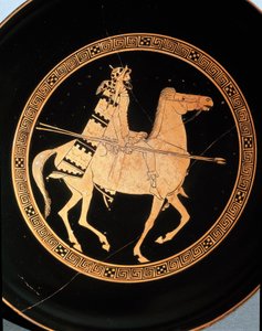 Etruskisk oldtid: detalje af en kylix, der repræsenterer en rytter. Fra Falerii Veteres (Civita Castellana) 5. århundrede f.Kr. Rom, Nationalmuseet for Villa Giulia af Etruscan