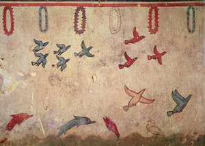 Vandfugle og springende delfiner, fra jagt- og fiskegraven, ca.520-10 f.Kr. (vægmaleri) af Etruscan