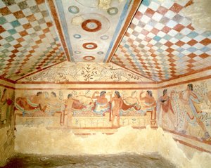 Etruskisk leopardgrav, fresko, der viser banketscene, Tarquinia. 5. århundrede f.Kr., Italien (fresco)