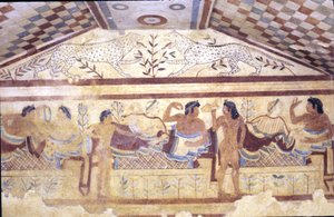 Etruskisk leopardgrav, fresko, der viser banketscene, Tarquinia. 5. århundrede f.Kr., Italien (fresco)