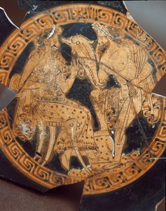 Etruskisk antikvitet: detalje af en kylix, der repræsenterer Poseidon og Amphitrite. Fra Falerii Veteres (Civita Castellana) 6. århundrede f.Kr. Rom, Nationalmuseet for Villa Giulia af Etruscan
