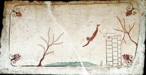 Etruskisk kunst: En ung svømmer, der dykker. Fresko af "dykkerens" grav. Fra Paestums sydlige kirkegård. 480-470 f.Kr. Museo Archeologico Nazionale, Paestum