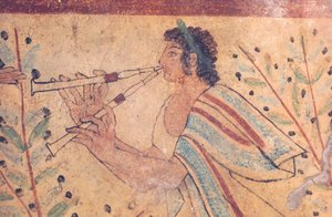 Etruskisk kunst: en fløjtespiller. Detalje af en fresco ved leopardernes grav, i nekropolis de Monterozzi, Italien, beg af 5. århundrede f.Kr. (fresco)