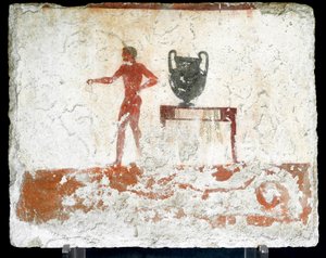 Etruskisk kunst: en ung nøgen efebe nær et bord, hvor en vase er placeret. Fresko af "dykkerens" grav. Fra Paestums sydlige kirkegård. 480-470 f.Kr. Museo Archeologico Nazionale, Paestum af Etruscan