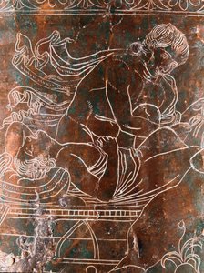 Etruskisk kunst: detalje af bronze Ficoroni Cistus, der repræsenterer legenden om Argonauterne: Argos skib. Fra Preneste (Palestrina). 340 f.Kr. Museo Nazionale di Villa Giulia, Rom af Etruscan