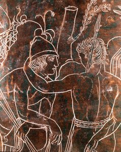 Etruskisk kunst: detalje af bronze Ficoroni Cistus, der repræsenterer legenden om Argonauterne. Fra Preneste (Palestrina). 340 f.Kr. Nationalmuseet for Villa Giulia, Rom af Etruscan