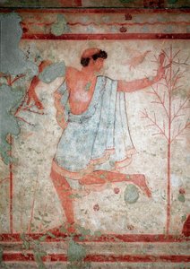 Etruskisk kunst: fresker, der repræsenterer banketscener, detaljer, der repræsenterer en danser. Trikliniums grav. 5. århundrede f.Kr. Nationale arkæologiske museum i Tarquinia Italien