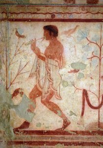 Etruskisk kunst: fresker, der repræsenterer banketscener, detaljer, der repræsenterer en fløjtespiller. Trikliniums grav. 5. århundrede f.Kr. Nationale arkæologiske museum i Tarquinia Italien af Etruscan