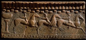 Etruskisk kunst: frisedekoratør af riddere fra et arkitektonisk ensemble i Murlo. 6. århundrede f.Kr. Murlo, Antiquarium Municipal, Italien af Etruscan