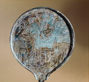 Etruskisk kunst: spejlbagside i bronze: Afrodite overtalte Helene til at følge Paris til Troja. 5. århundrede f.Kr. Rom, Museo Nazionale di Villa Giulia af Etruscan