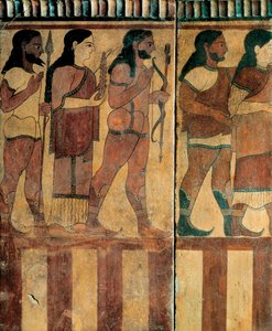 Etruskisk civilisation - "plade Campana" repræsenterer en procession fra Banditaccia Necropolis, Cerveteri, Rom, 550-520 f.Kr. (terracotta) af Etruscan