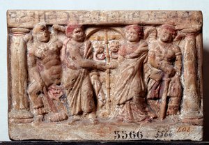 Etruskisk civilisation: Terracotta urne fra Chiusi Italien - 2. århundrede f.Kr. Dim 20x30 cm (etruskisk kunst: terracotta urne 2. århundrede f.Kr.) Firenze, Museo Archeologico, inv 5566 af Etruscan