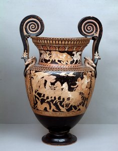 Etruskisk civilisation: terracotta krater med volutter, der repræsenterer Aurora på hendes vogn, 360-340 f.Kr., fra Cerveteri, Italien af Etruscan