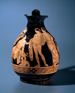 Etruskisk civilisation: terracotta oenocho dekoreret ved maleren af Alcestis værksted, der repræsenterer en ung mand, der sidder og taler med to andre stående personer, 360-340 f.Kr. fra Tarquinia, Italien af Etruscan