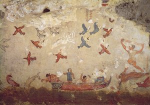Fiskere i en båd og fugle, der flyver, fra graven for fiskeri og jagt, ca. 520-510 f.Kr. (vægmaleri) af Etruscan