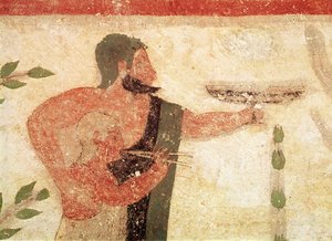 Hoved af en mand og et barn, der spiller på en dobbeltfløjte, fra baronens grav, ca. 500 f.Kr., vægmaleri, detalje af 407470
