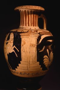 Hydria af maleren af Biga Vaticana (Vatican Chariot), der viser detaljer i aedicule med maleren på arbejde. Keramik med rød figur. Etruskisk civilisation, 4. århundrede f.Kr. af Etruscan