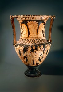 Kelebe eller søjlekrater, af Asciano-maleren, forestillende en ung pige, der modtager en flabellum (vifte). Keramik med røde figurer fra Poggio Pincis grav 3, Asciano (Toscana). Etruskisk civilisation, 4. århundrede f.Kr. af Etruscan