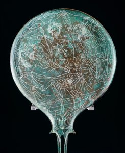 Spejl, der afbilder banketscene, bronzeartefakt fra Preneste (Lazio). Etruskisk civilisation, 4. århundrede f.Kr. af Etruscan