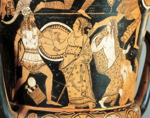 Keramik med rød figur, detalje af krater, der forestiller Menelaos konfronteret med Afrodite, da han når Helen, fra Civita Castellana, antikke Falerii, Rom-provinsen, Italien af Etruscan