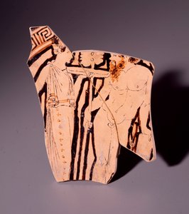 Terracotta-fragment af kylix, der repræsenterer en maenade og en satyr, 350 f.Kr af Etruscan