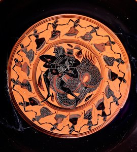 Terracotta kylix skildrer Hercules, der kæmper med Triton, omgivet af sytten dansende Nereider, 6. århundrede f.Kr. af Etruscan