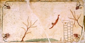 dykker, ca. 480-490 f.Kr., dekorativ fresko fra dækpladen til dykkerens grav i Paestum, Campania, Italien, 5. århundrede f.Kr.