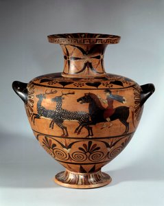 Keramisk hydroe med sorte figurer, kaldet Caere. Ansigt: hjortejagt Bagside: to tyres vinger galopperer i modsat retning. Omkring 540-530 f.Kr. Søn 0,4 m Paris, Musée du Louvre af Etruscan Etruscan