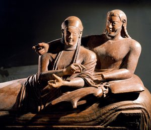 Etruskisk kunst: Sarcophagus des spouses, terracotta sulpte gruppe af et par på begravelsessengen - Detail, fra Cerveteri, Italien. 525-500 f.Kr. Paris, musee du Louvre - Etruskisk civilisation: Ægtefællernes sarkofag - Terracotta-skulptur (detalje) fra Ce