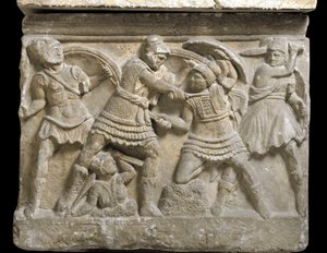 Etruskisk kunst: "" Eteocle og Polynice""" de to brødre, søn af Ødipus, Basrelief af en sarkofag af Chiusi, 3. århundrede f.Kr. - Palermo, Museo Archeologico Nazionale - Duel mellem brødrene Eteocles og Polynices, sønner af Oedipus - Bas -lettelse, detalje