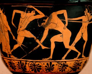 Etruskisk kunst: pyxis dekorerer en palestra scene, atleter øver spydkast fra Cerveteri. Rom, Museo di Villa Giulia