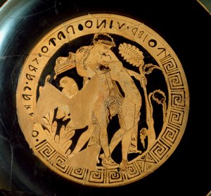 Etruskisk civilisation: detalje af en kylix, der repræsenterer Ariane (Ariadne) og Dionysos. Fra Necropolis Falerii Veteres. Rom, Villa Giulia