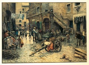 Italien, Rom, Gadeliv på Via Capocciuto i (jødisk) ghetto i Rom af Ettore Roesler Franz, akvarel